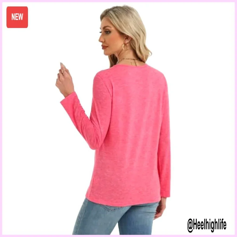 Long Sleeve Henley T-Shirt Loose Fit Stretch Fabric Casual Top